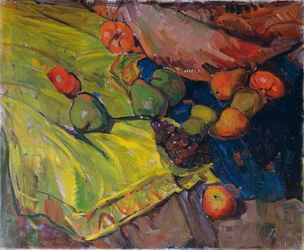 Ainda vida com frutas no pano verde
